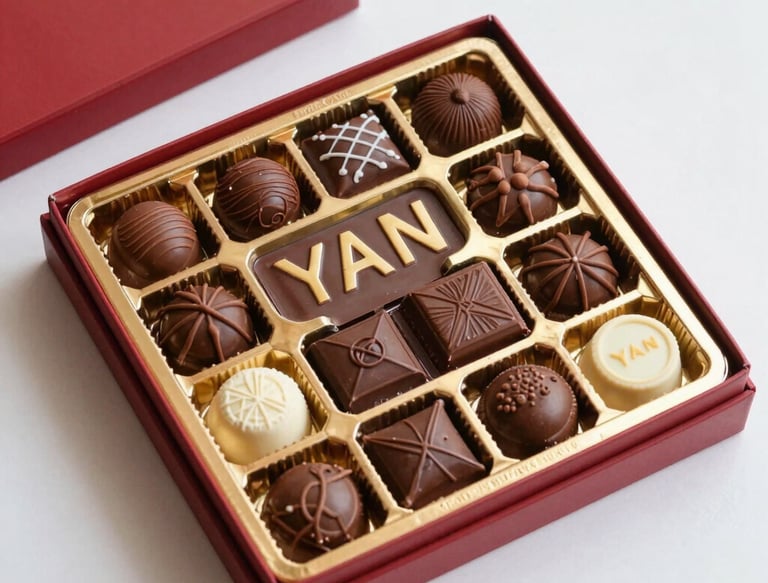 A smiling customer enjoying a piece of rich, glossy chocolate in a cozy setting.