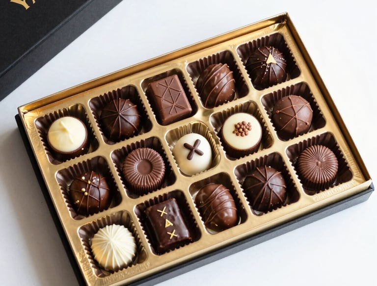 A smiling customer enjoying a piece of rich, glossy chocolate in a cozy setting.