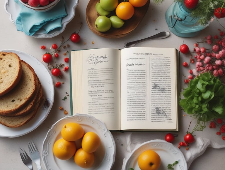 Close-up of fresh ingredients arranged neatly next to a printed digital cookbook page.