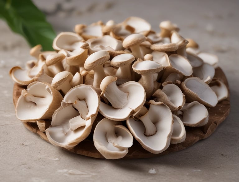 Close-up of fresh oyster mushrooms growing on organic logs in a shaded farm environment.