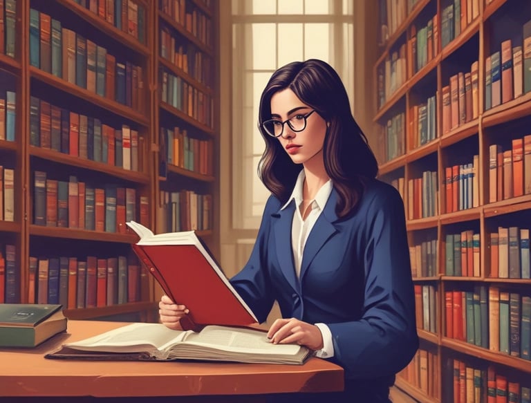 Photo of a confident lawyer reviewing case files in a courtroom.