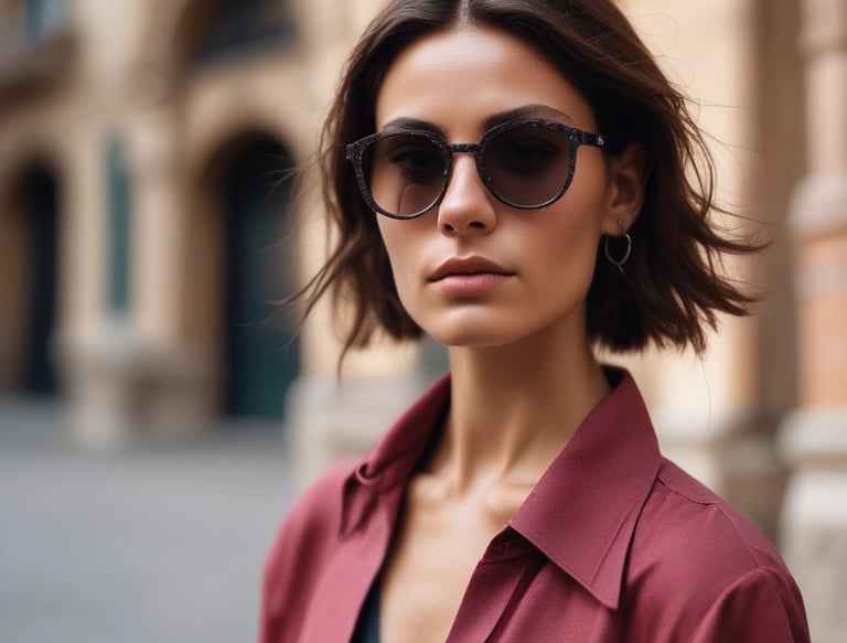 A sleek, minimalist office space with natural light highlighting elegant eyewear displays.