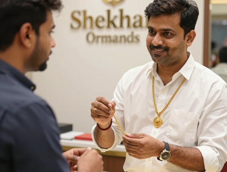 Close-up of a gold necklace with delicate diamond accents resting on soft beige fabric.
