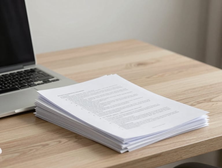 Minimalist office desk with elegant documents and soft natural light highlighting a closed laptop.