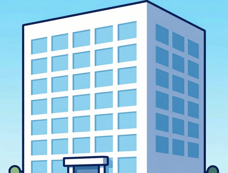 A sleek, industrial building facade with minimalistic design under a clear blue sky.