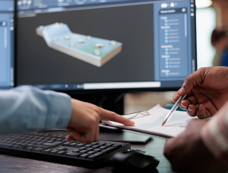 Engineers discuss design of mechanical component in front of CAD image of component.