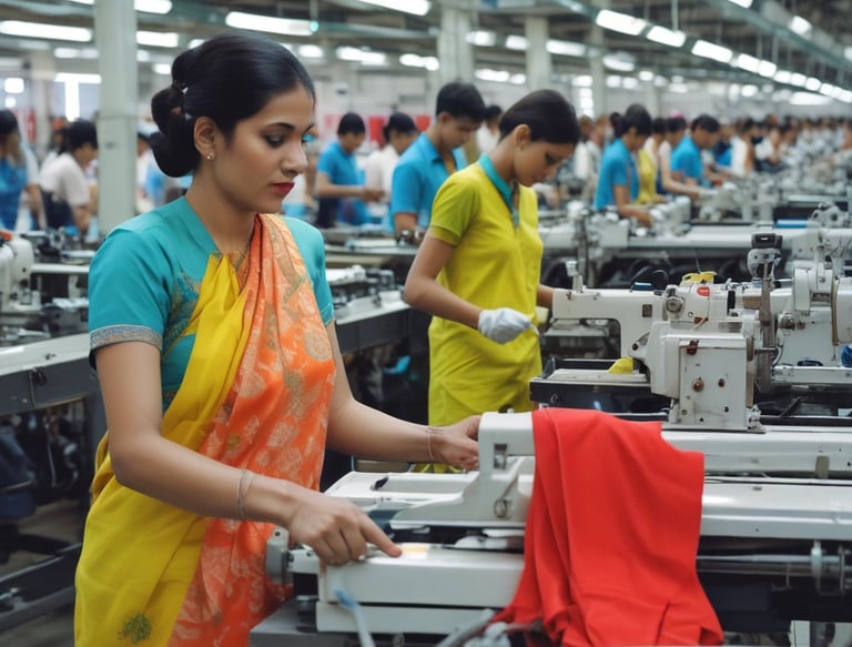 A vibrant workshop with skilled tailors stitching colorful garments in a bright, modern factory.