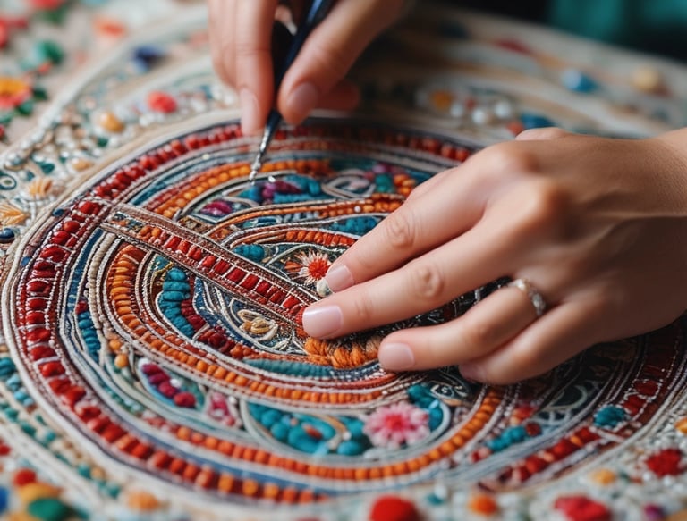 Close-up of hands stitching intricate embroidery on a vibrant Indian saree fabric.