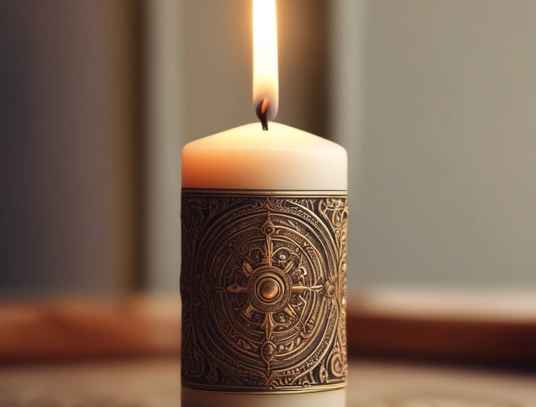 A close-up of a Zenlight candle with a flickering flame casting gentle shadows.