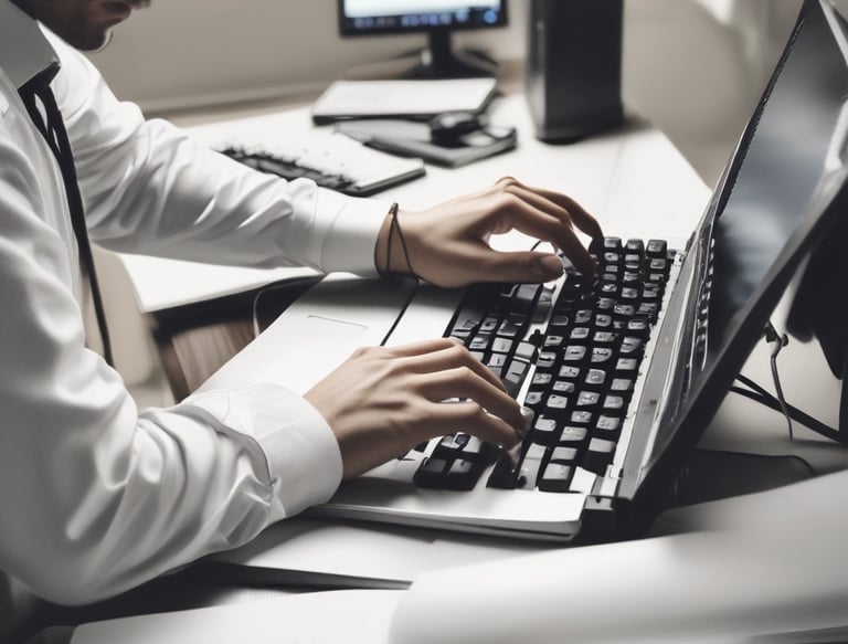 A modern office workspace with a team collaborating on software development.
