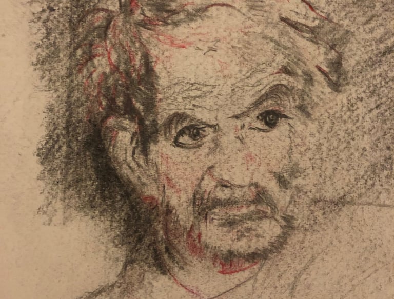 Charcoal and red chalk portrait drawing of Persian poet Shariar. a beard.