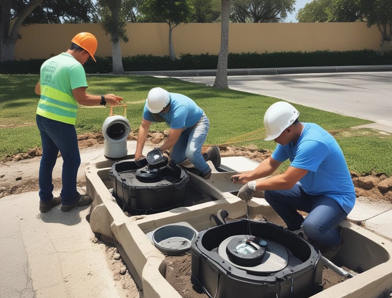 Engineers installing smart water sensors on a utility pipeline in the field.