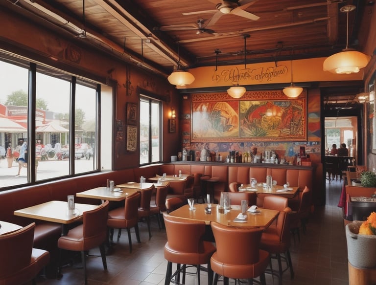 Cozy interior of Sabor Latino restaurant with warm orange and green decor.