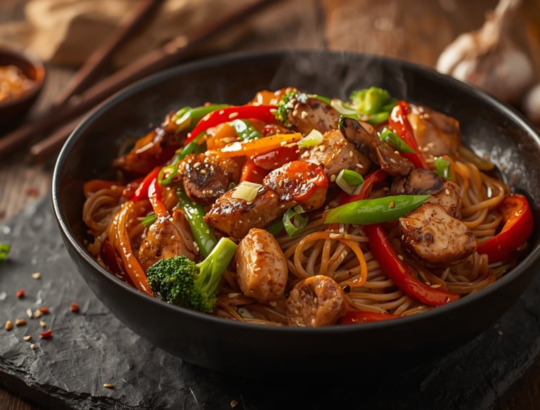 A black bowl of steaming chicken stir fry noodles with fresh peppers and broccoli on a slate board.