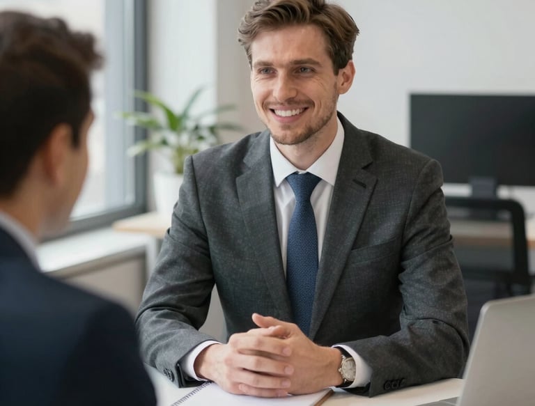 A professional consultant discussing market entry strategies with clients in a modern office.