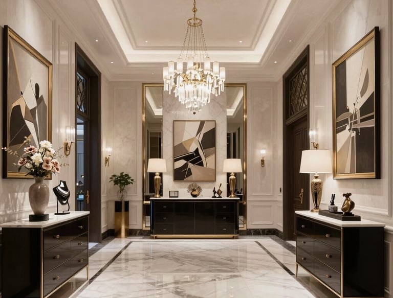 Sunlit grand foyer of a high-end home featuring gold accents and soft eucalyptus green decor.