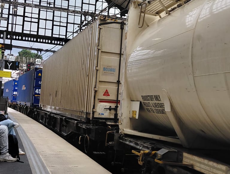A freight train with cargo containers and a white tanker parked at a railway station terminal.