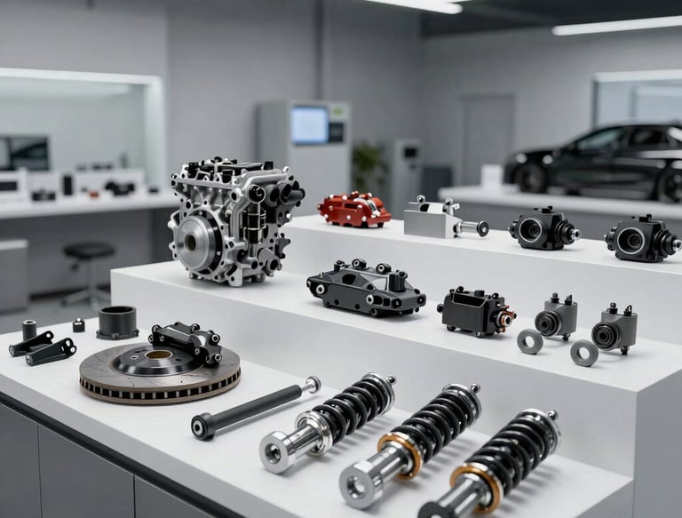 Close-up of luxury car parts arranged neatly on a sleek black surface.