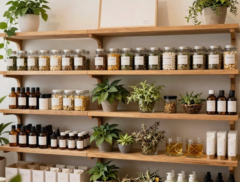 A cozy, clean workspace with natural products and green plants, reflecting a healthy lifestyle.