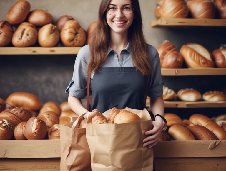 Smiling customer holding a paper bag from Norway Pack outside a cozy local shop.