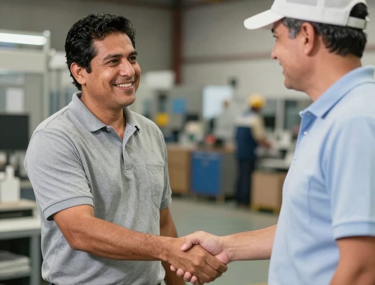 Close-up of a technician inspecting a finely machined plastic component under bright workshop lights.