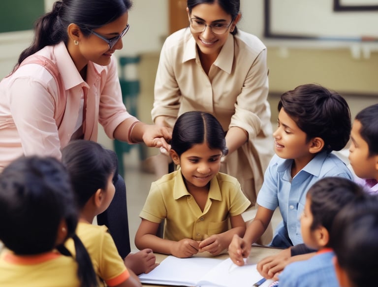 A friendly teacher engaging a small group of students in a bright classroom.