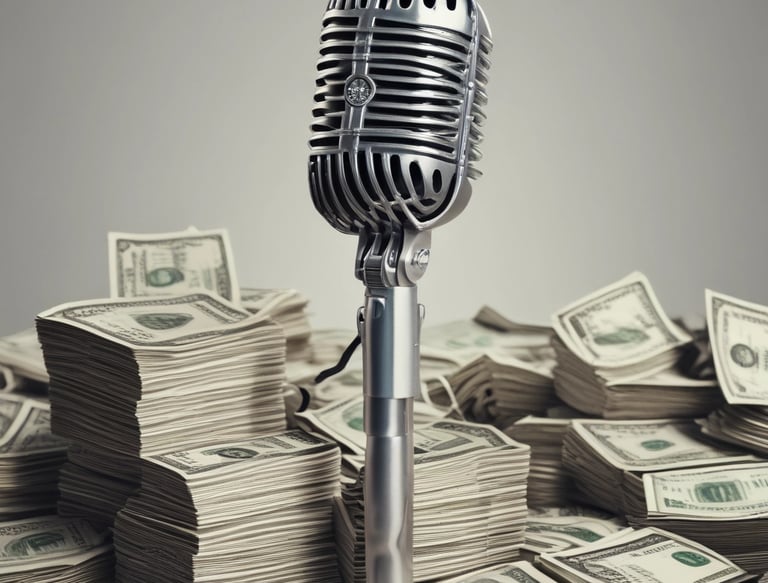 A vibrant workspace with headphones, microphones, and a laptop showing audio editing software.