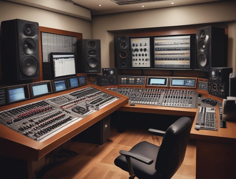 A vibrant workspace with a diverse team collaborating over music and podcast equipment.