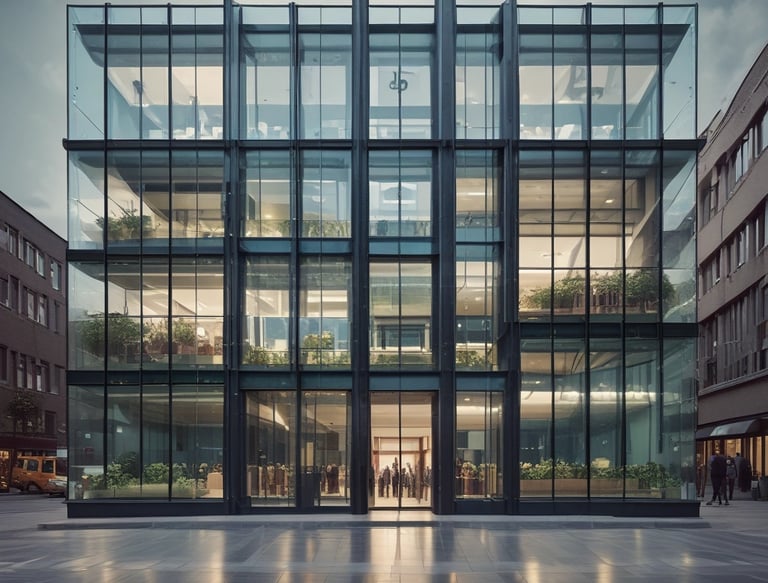 Modern office building with Dardoni Group logo at sunset.