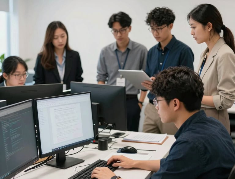 A sleek, dark-themed office space with a team collaborating over laptops and digital sketches.