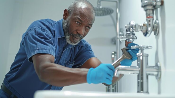 Un plombier professionnel répare un robinet de lavabo de salle de bain avec une clé pour l’entretien
