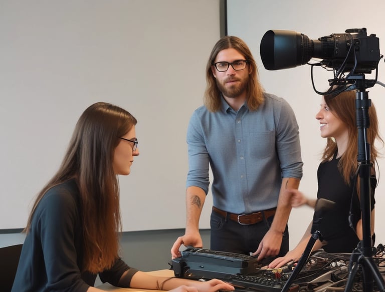 Creative team setting up cameras and lights on a film production set at sunset.