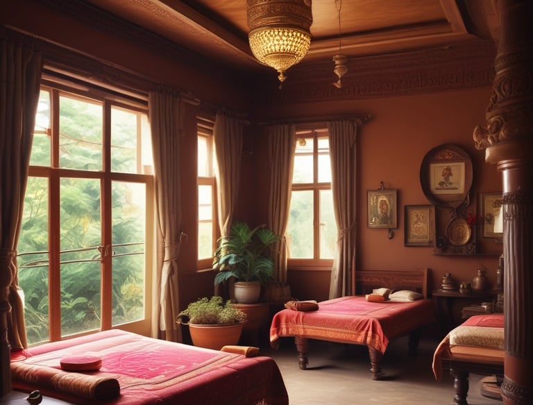 A serene treatment room with warm lighting and Ayurvedic herbs displayed on wooden shelves.