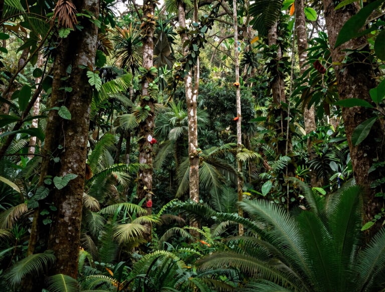 Lush Ecuadorian fruit farm with workers harvesting vibrant pitayas under a bright sky.