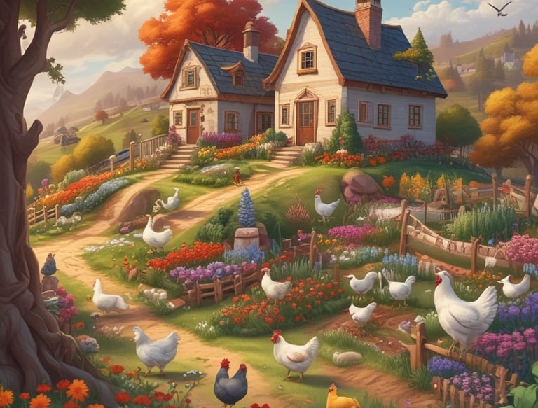 Cozy farm landscape at sunset with rustic wooden fences and grazing animals.