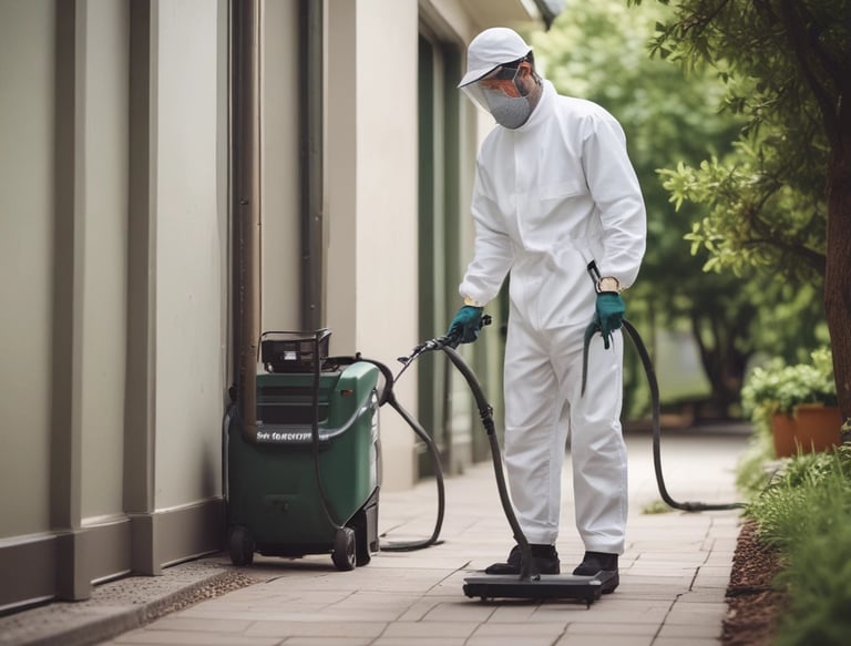 Technician in uniform inspecting a residential kitchen for pests.