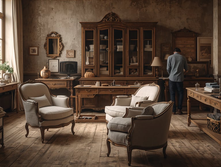 Vintage home office with antique wooden furniture, French provincial armchairs, and a large hutch.