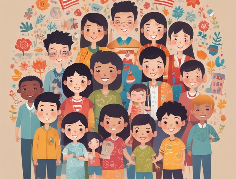 A diverse group of teachers and students engaged in a lively bilingual classroom discussion.