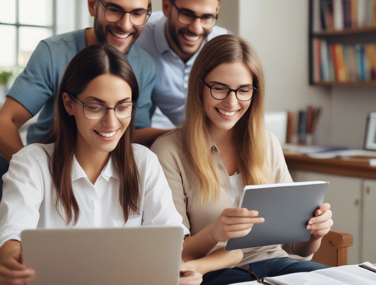 A friendly teacher engaging with students online via a video call on a laptop.