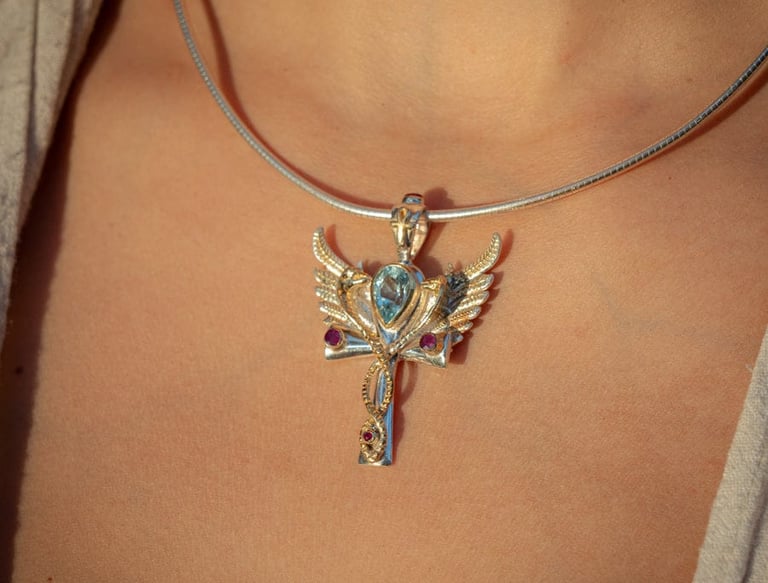 Pecho de una mujer con  un collar con un dije en plata y baño de oro