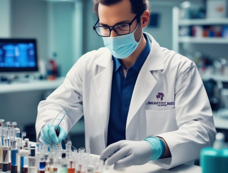 Close-up of a glowing peptide molecular structure against a dark, futuristic lab background.
