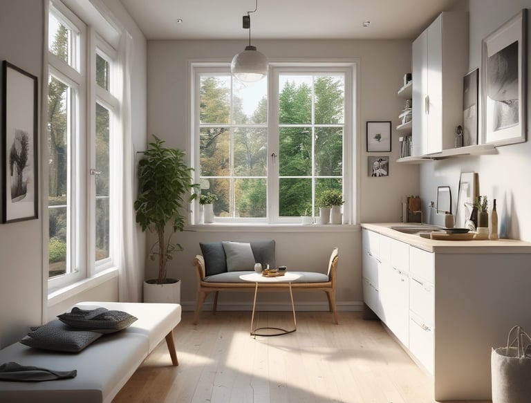 Cleaning professional gently wiping a Scandinavian-style office desk near large window.