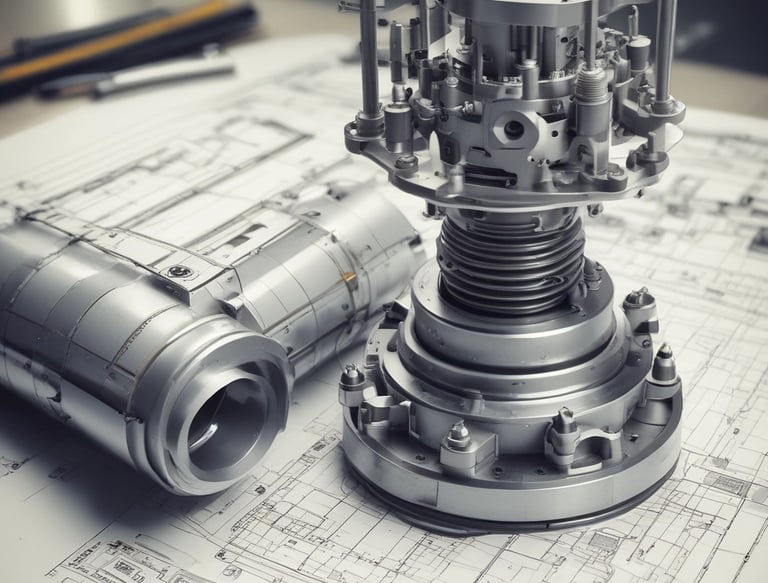 Engineers collaborating over conveyor system blueprints in a modern workshop.