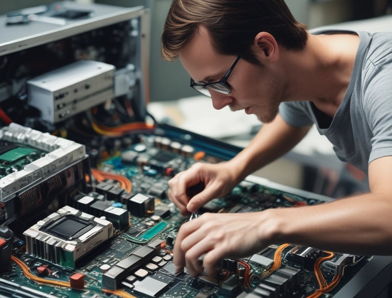 Friendly IT technician assisting a small business owner at their office.