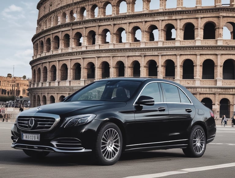 Black luxury car parked near a famous Roman monument at dusk.