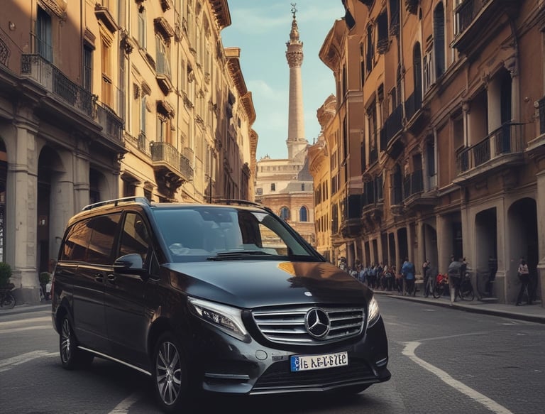 Professional chauffeur opening the door of a modern vehicle for a smiling passenger.