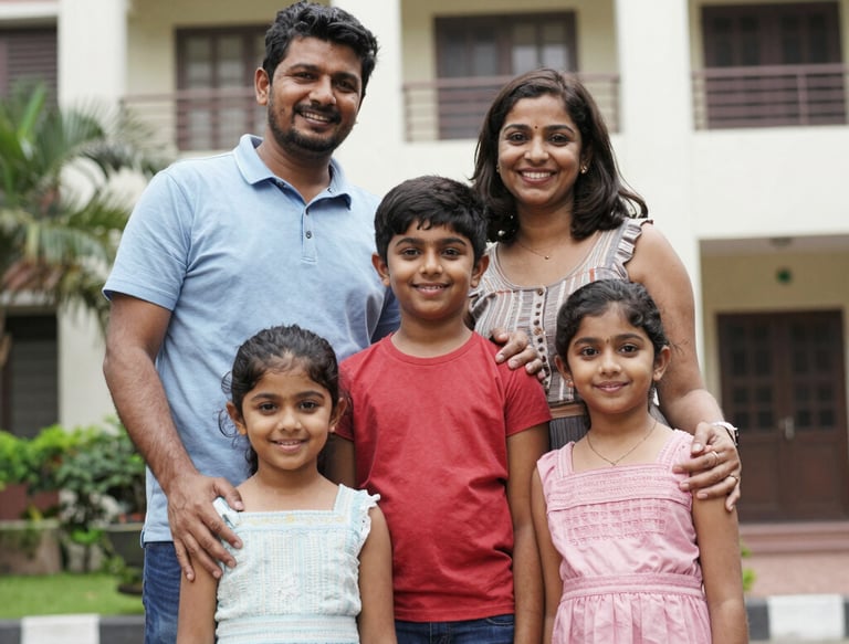 Smiling housing society residents standing together outside their newly redeveloped building.