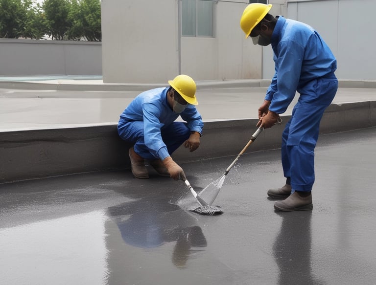 Skilled technician applying waterproofing sealant on a rooftop in Jhansi.