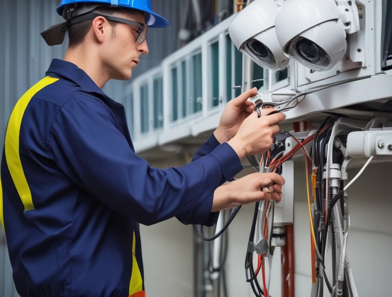 A smiling technician adjusting a biometric device at a customer's front door.
