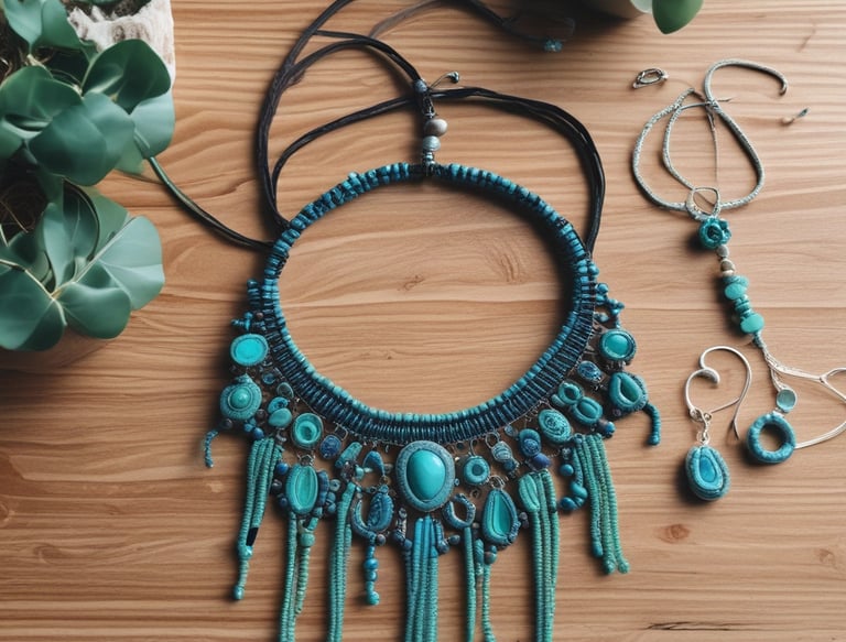 Conjunto de joyería bohemia en macramé con cuentas de turquesa, hecho a mano
